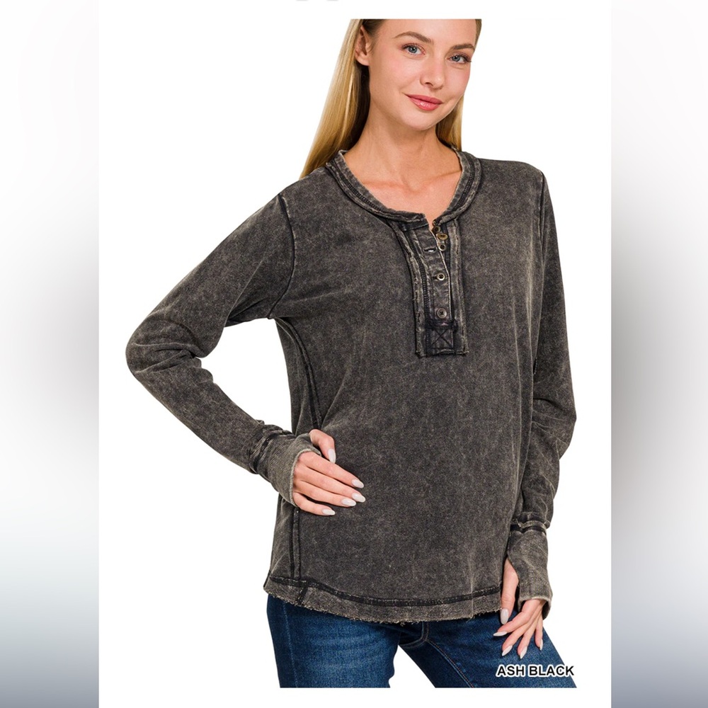 ZENANA•Mineral Washed Thumb Hole Cuffed Long Sleeve TTW-3319•ASH BLACK